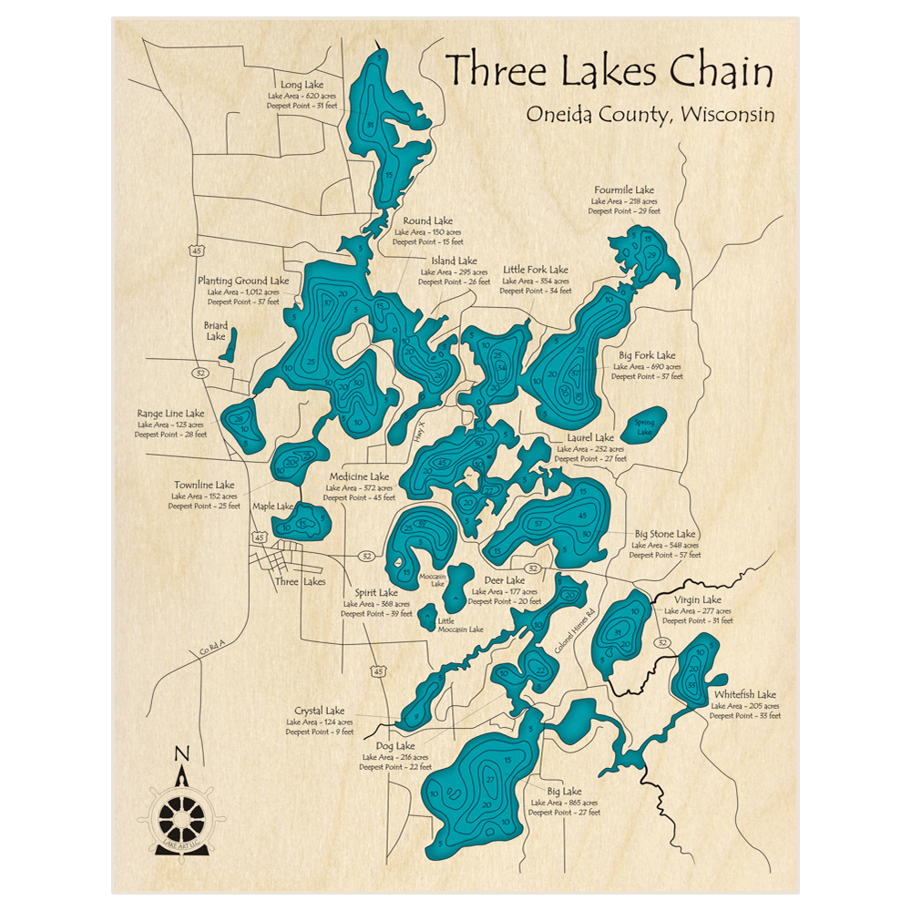 Bathymetric topo map of Three Lakes Chain with roads, towns and depths noted in blue water