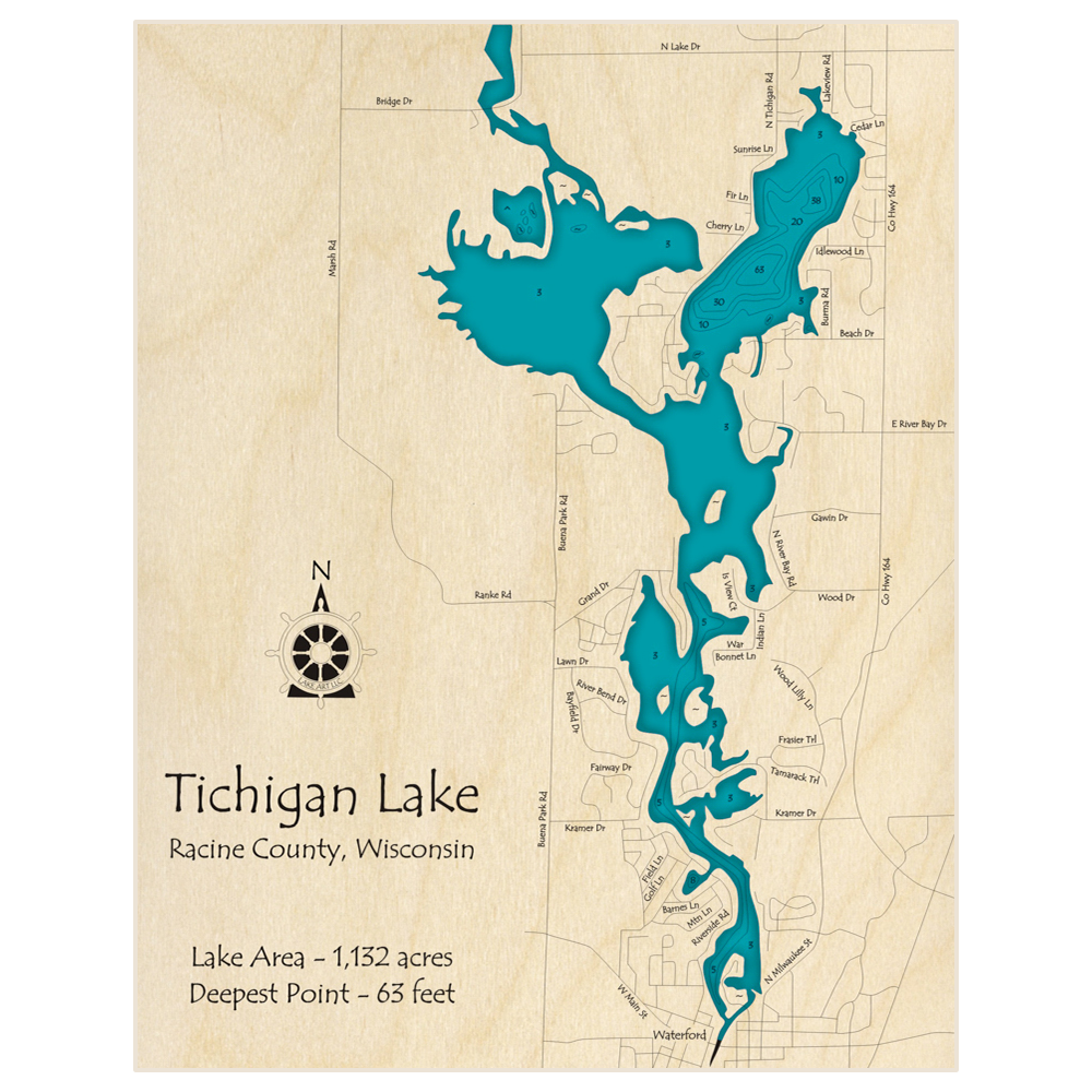 Bathymetric topo map of Tichigan Lake with roads, towns and depths noted in blue water