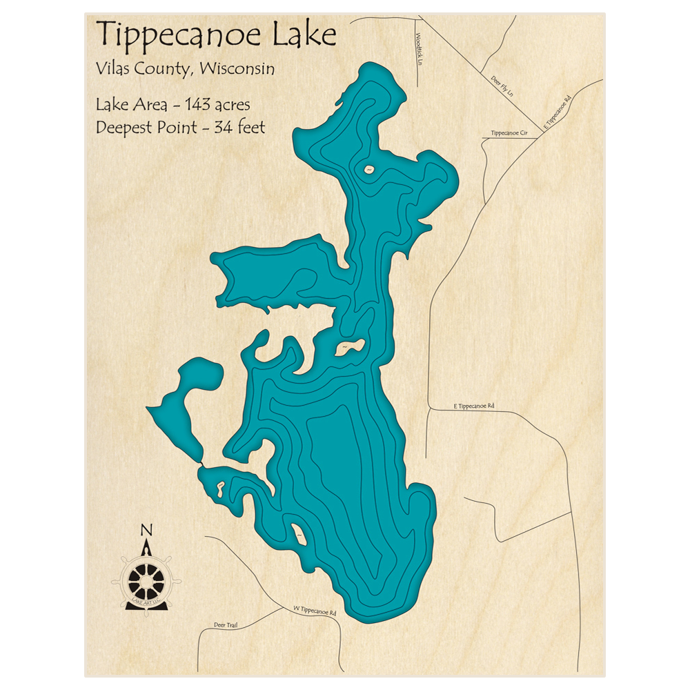 Bathymetric topo map of Tippecanoe Lake  with roads, towns and depths noted in blue water