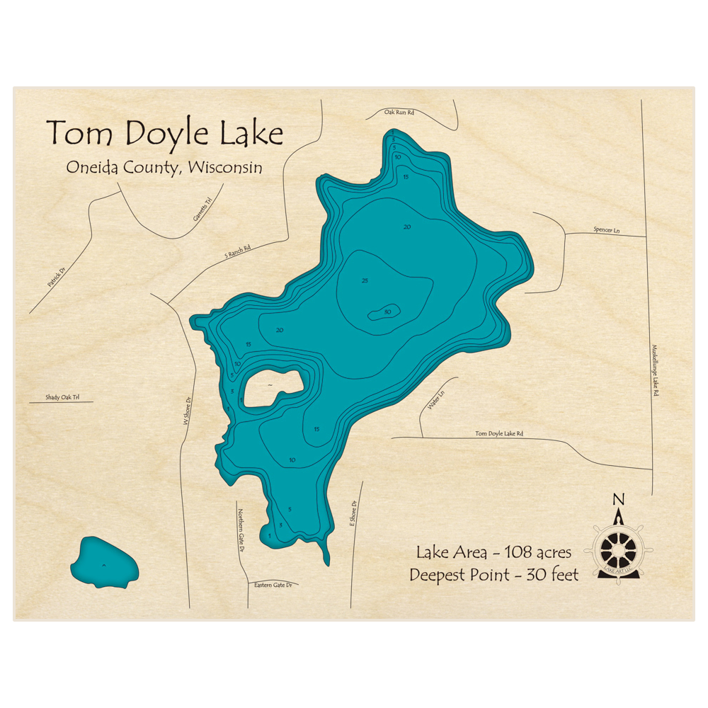 Bathymetric topo map of Tom Doyle Lake with roads, towns and depths noted in blue water