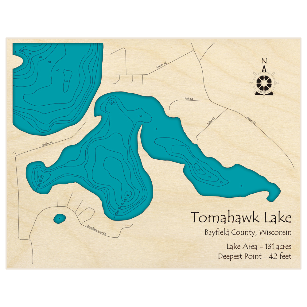 Bathymetric topo map of Tomahawk Lake with roads, towns and depths noted in blue water