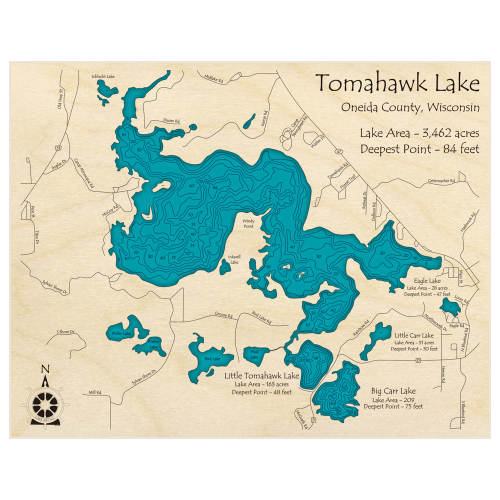 Bathymetric topo map of Tomahawk Lake (with Little Tomahawk and Big Carr) with roads, towns and depths noted in blue water