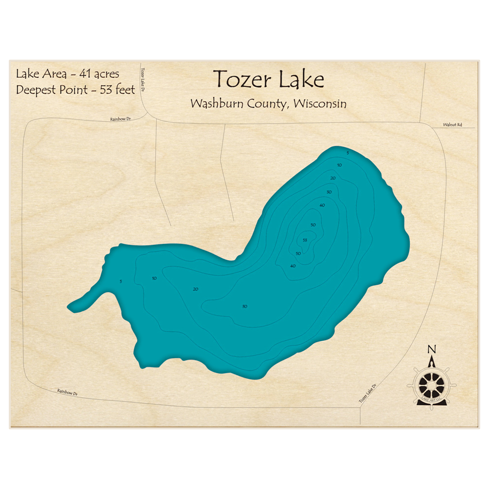 Bathymetric topo map of Tozer Lake with roads, towns and depths noted in blue water
