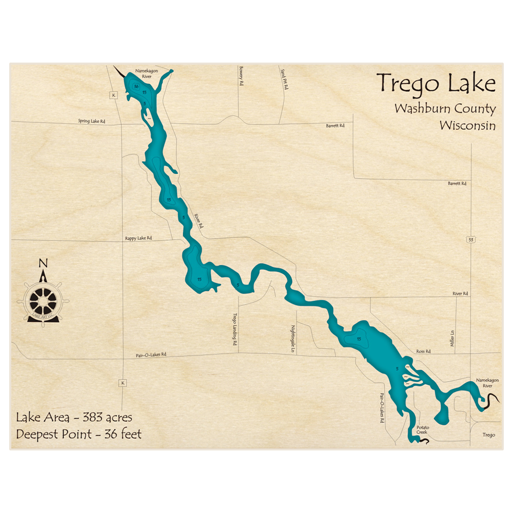 Bathymetric topo map of Trego Lake with roads, towns and depths noted in blue water