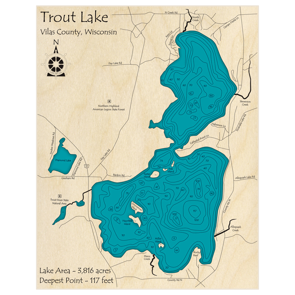 Bathymetric topo map of Trout Lake with roads, towns and depths noted in blue water