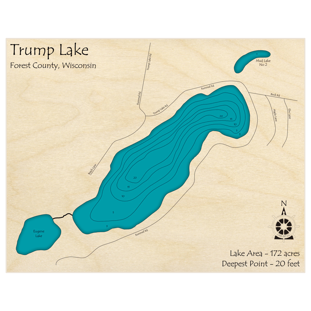 Bathymetric topo map of Trump Lake with roads, towns and depths noted in blue water