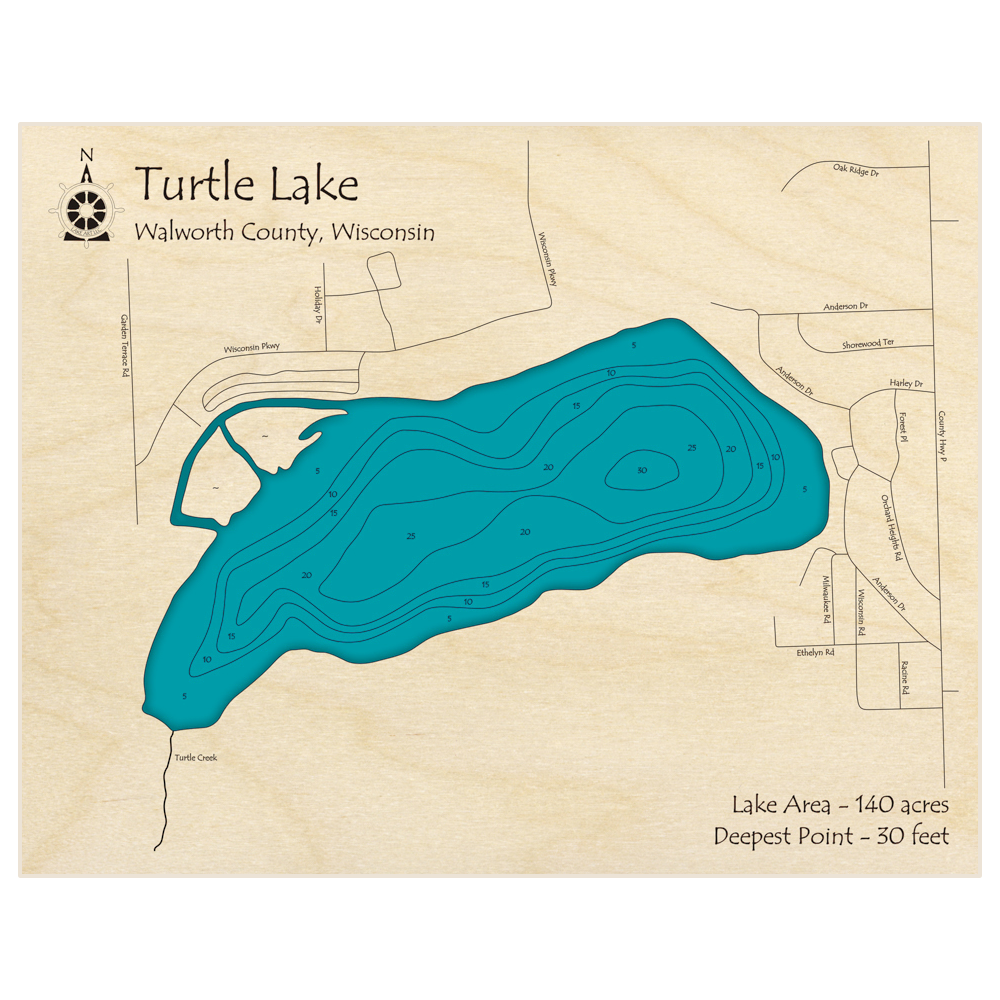 Bathymetric topo map of Turtle Lake with roads, towns and depths noted in blue water