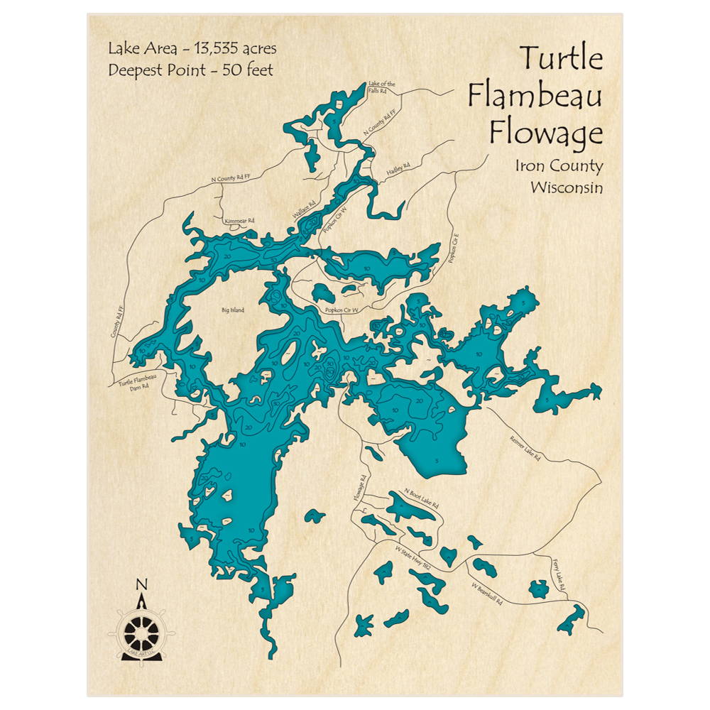 Bathymetric topo map of Turtle Flambeau Flowage with roads, towns and depths noted in blue water