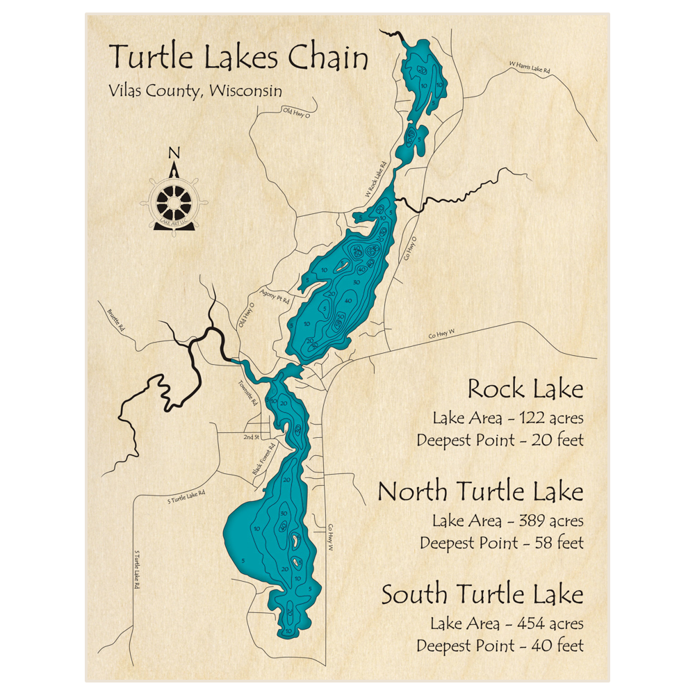 Bathymetric topo map of Turtle Chain (With Rock North Turtle South Turtle) with roads, towns and depths noted in blue water
