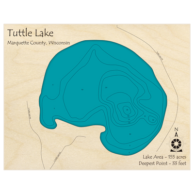 Bathymetric topo map of Tuttle Lake with roads, towns and depths noted in blue water