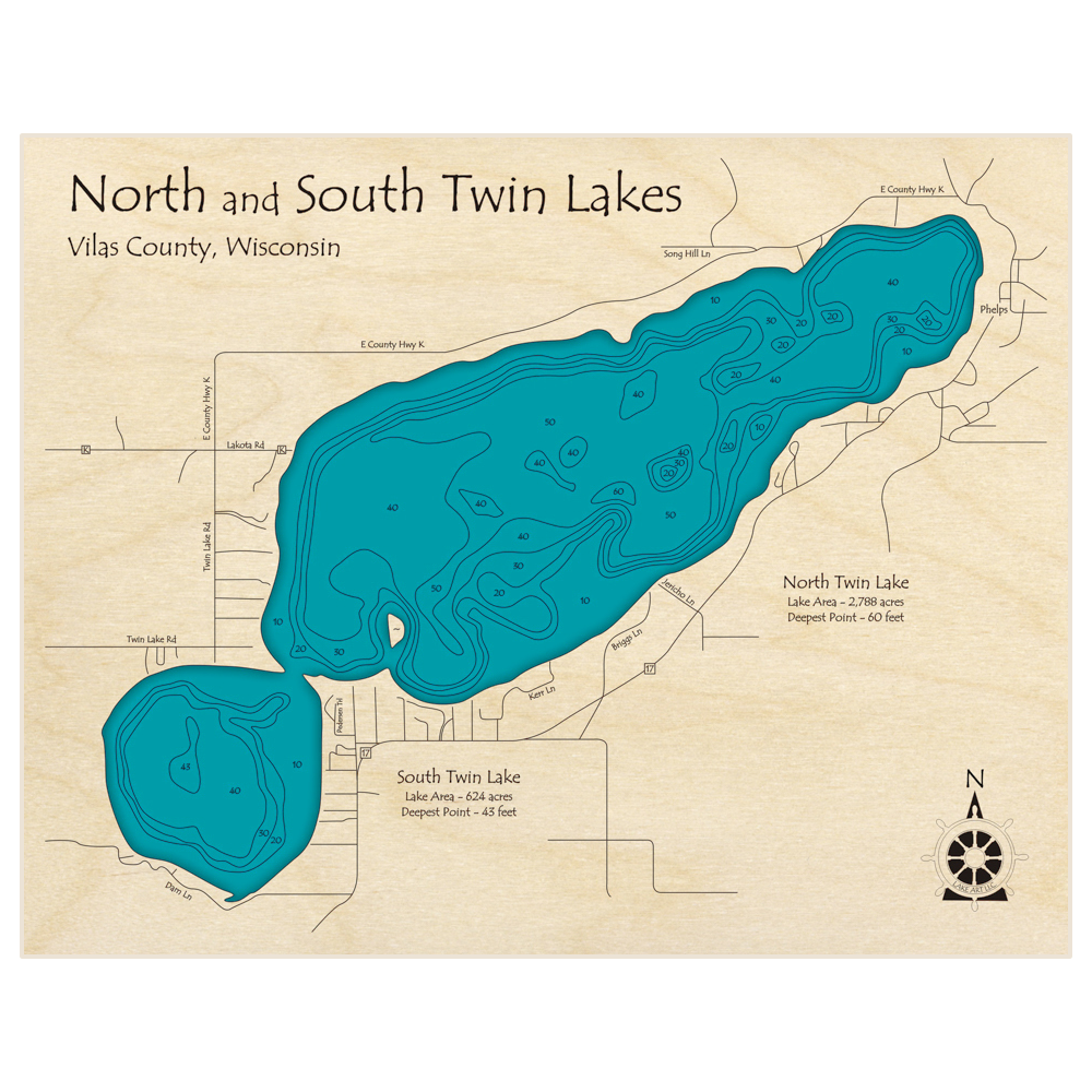 Bathymetric topo map of Twin Lakes (North and South Lakes) with roads, towns and depths noted in blue water
