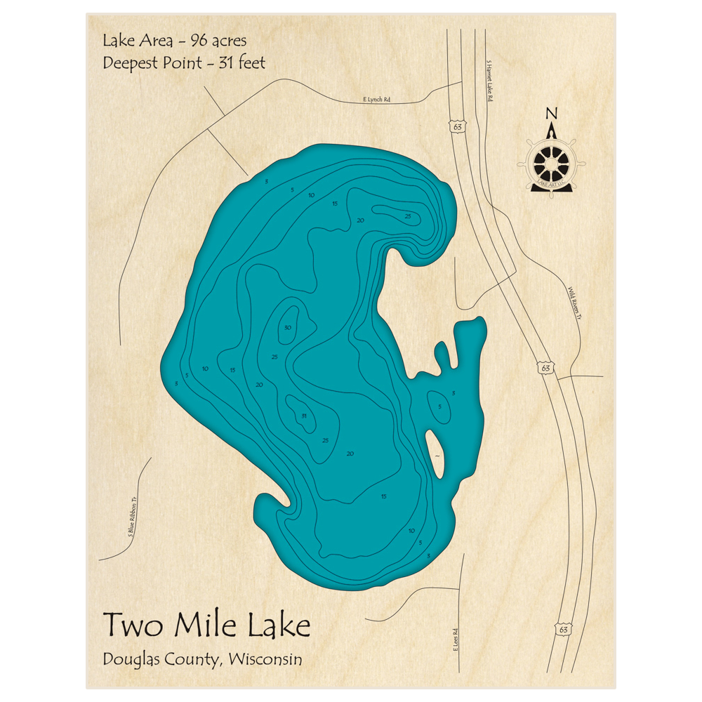 Bathymetric topo map of Two Mile Lake with roads, towns and depths noted in blue water