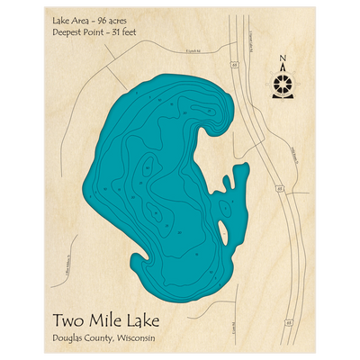 Bathymetric topo map of Two Mile Lake with roads, towns and depths noted in blue water