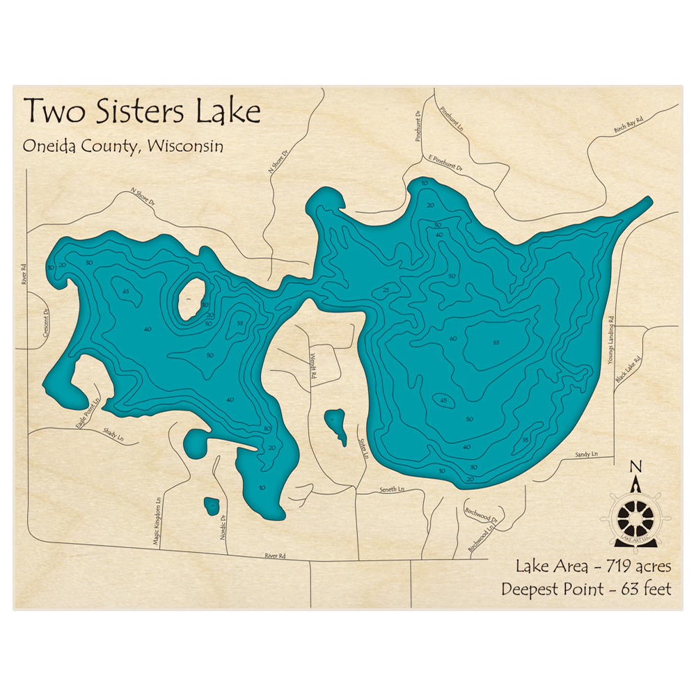 Bathymetric topo map of Two Sisters Lake with roads, towns and depths noted in blue water