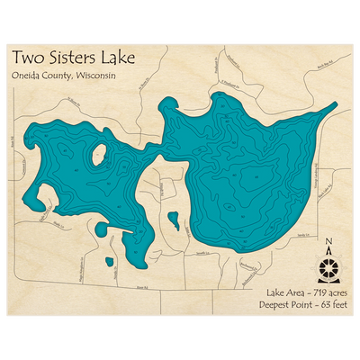 Bathymetric topo map of Two Sisters Lake with roads, towns and depths noted in blue water