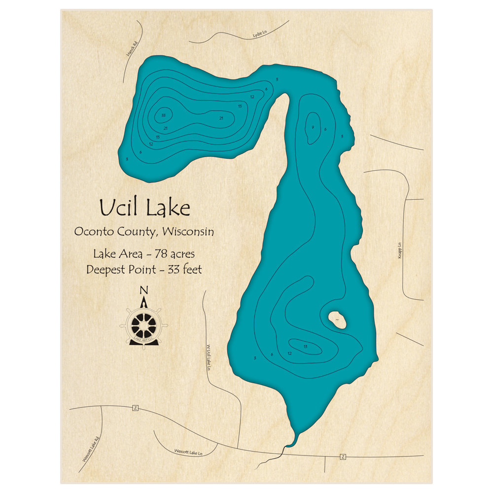 Bathymetric topo map of Ucil Lake with roads, towns and depths noted in blue water