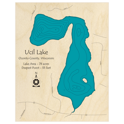 Bathymetric topo map of Ucil Lake with roads, towns and depths noted in blue water
