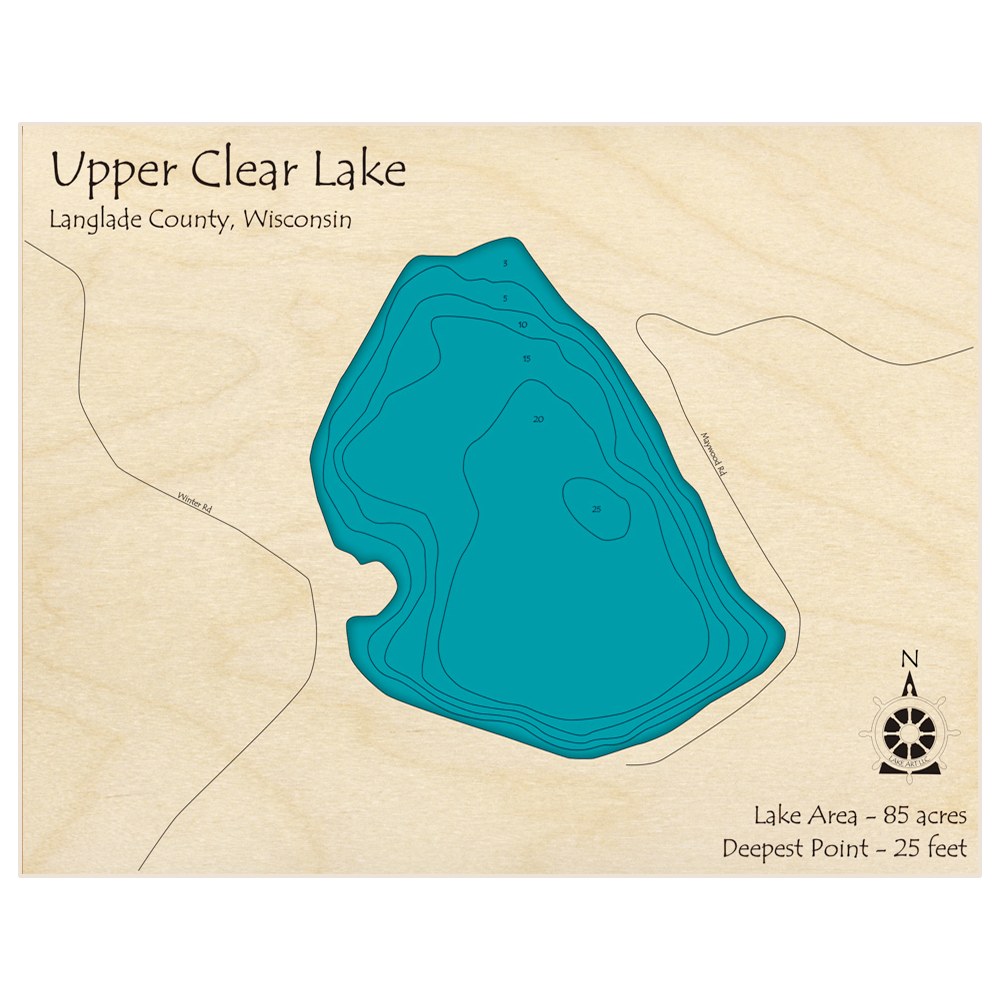 Bathymetric topo map of Upper Clear Lake with roads, towns and depths noted in blue water