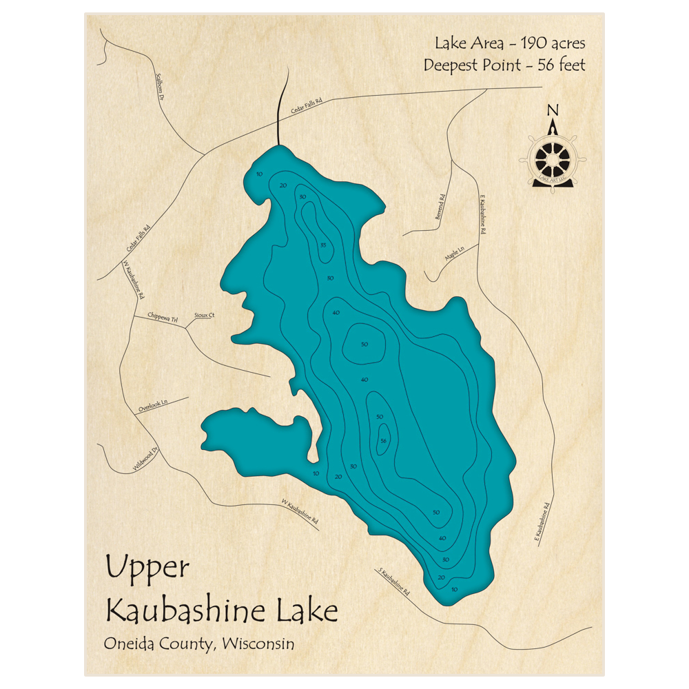 Bathymetric topo map of Upper Kaubashine Lake with roads, towns and depths noted in blue water
