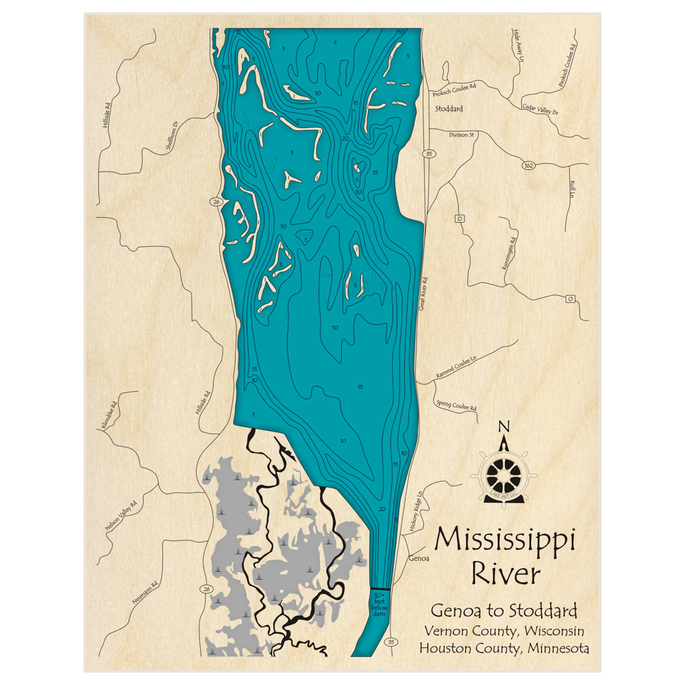 Bathymetric topo map of Mississippi River at Genoa and Stoddard with roads, towns and depths noted in blue water