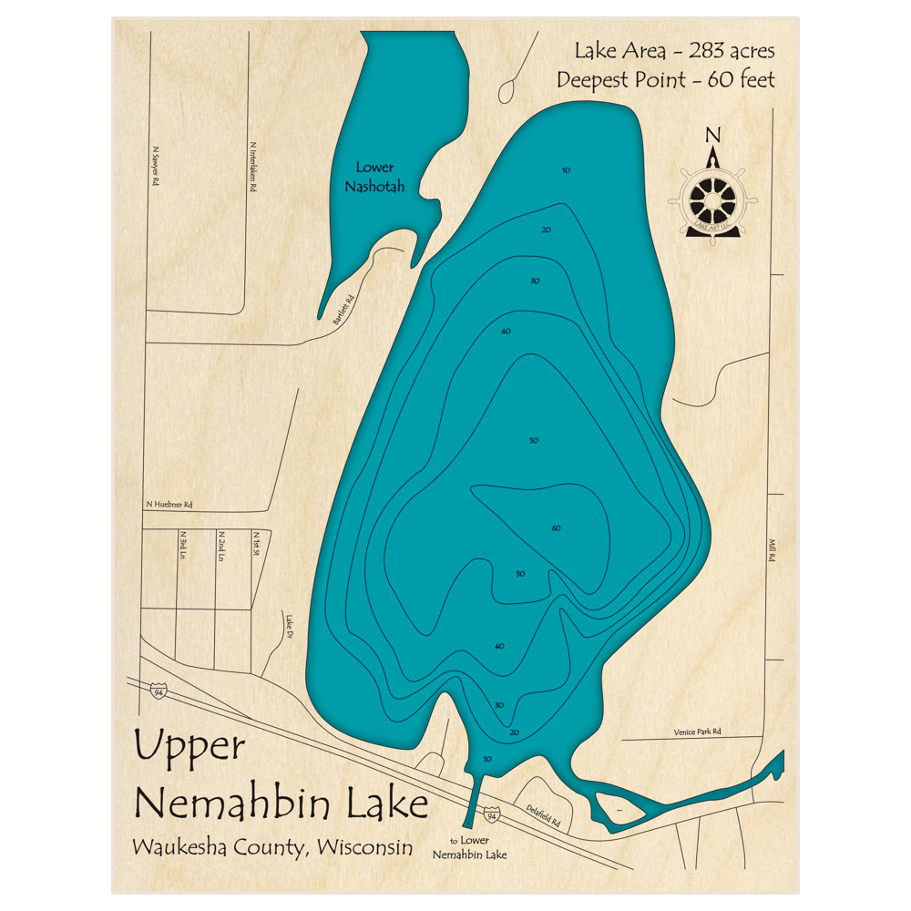 Bathymetric topo map of Nemahbin Lake (Upper) with roads, towns and depths noted in blue water