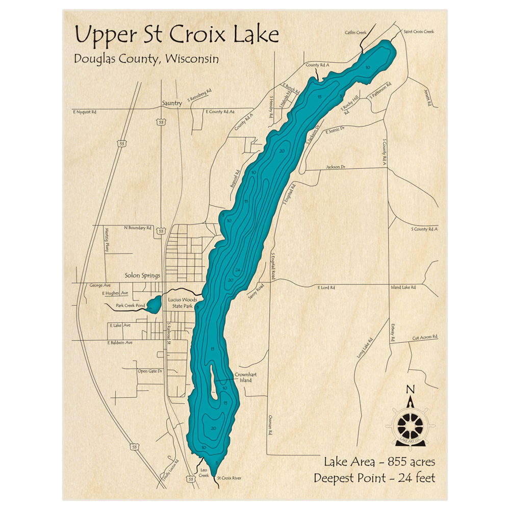Bathymetric topo map of St Croix Lake (Upper) with roads, towns and depths noted in blue water