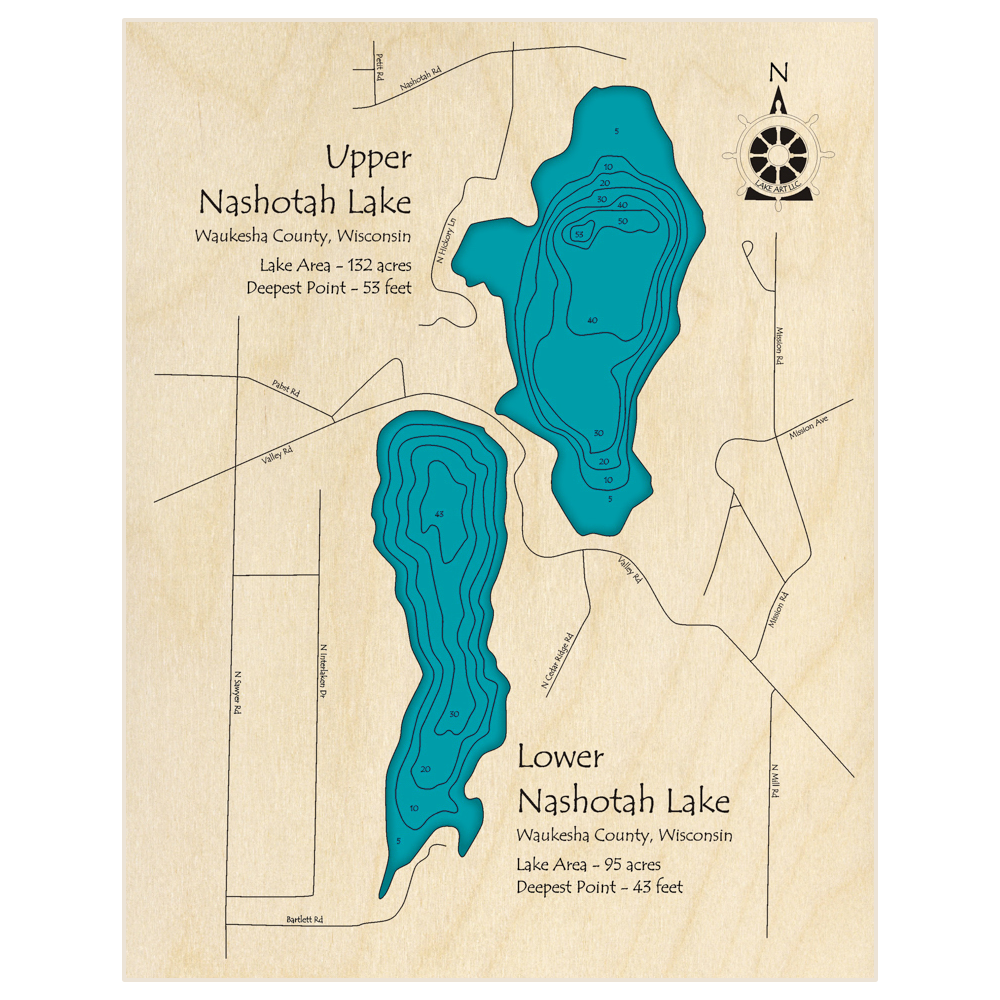 Bathymetric topo map of Nashotah Lakes (Upper and Lower Lakes) with roads, towns and depths noted in blue water