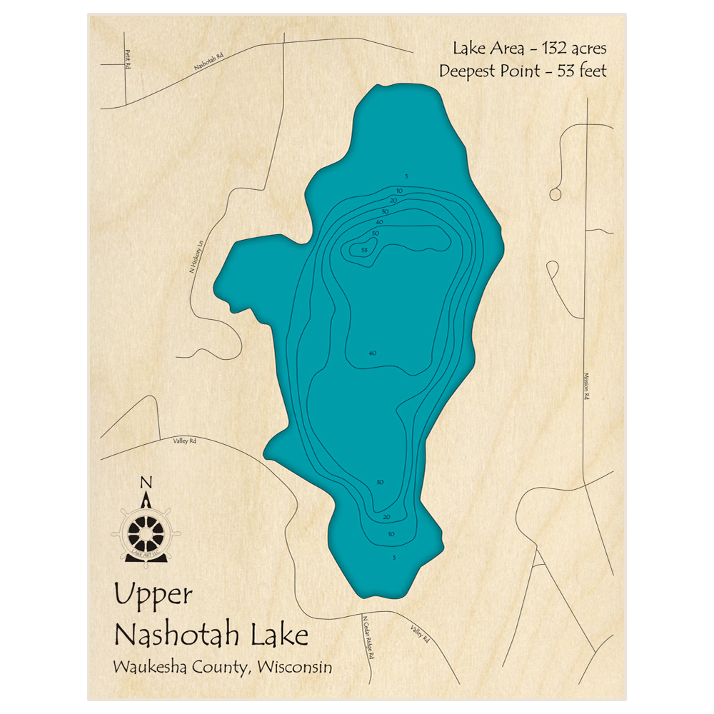 Bathymetric topo map of Nashotah Lake (Upper) with roads, towns and depths noted in blue water
