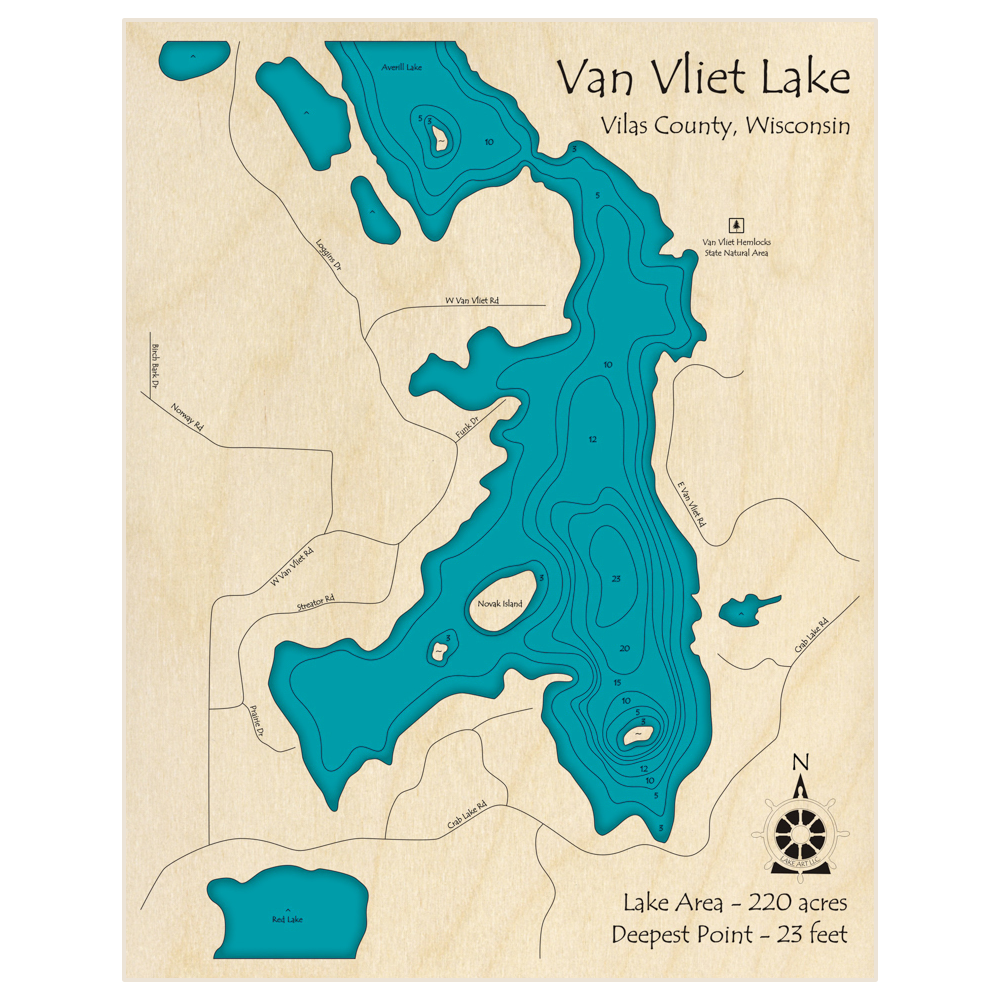 Bathymetric topo map of Van Vliet Lake with roads, towns and depths noted in blue water