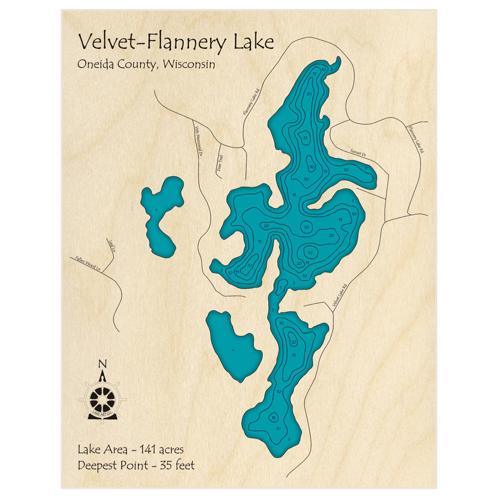 Bathymetric topo map of Velvet-Flannery Lake with roads, towns and depths noted in blue water