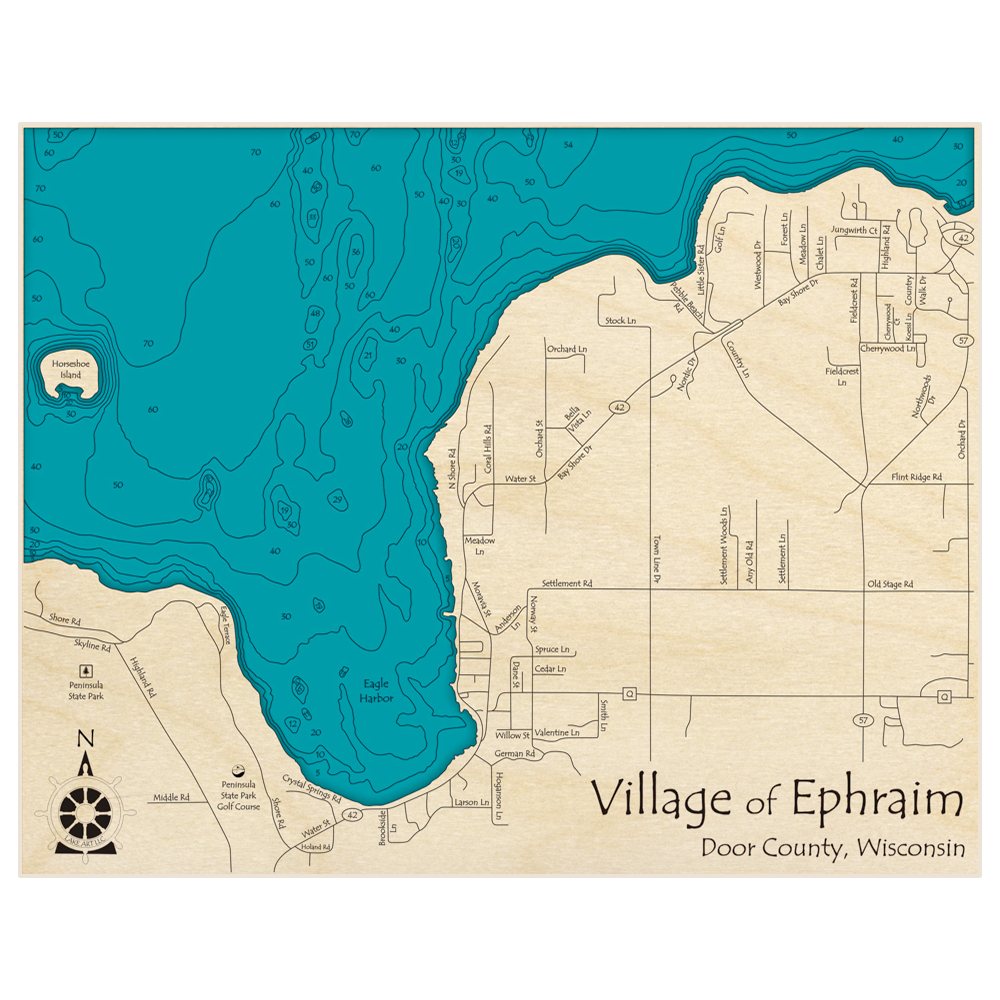 Bathymetric topo map of Village of Ephraim (Eagle Harbor) with roads, towns and depths noted in blue water