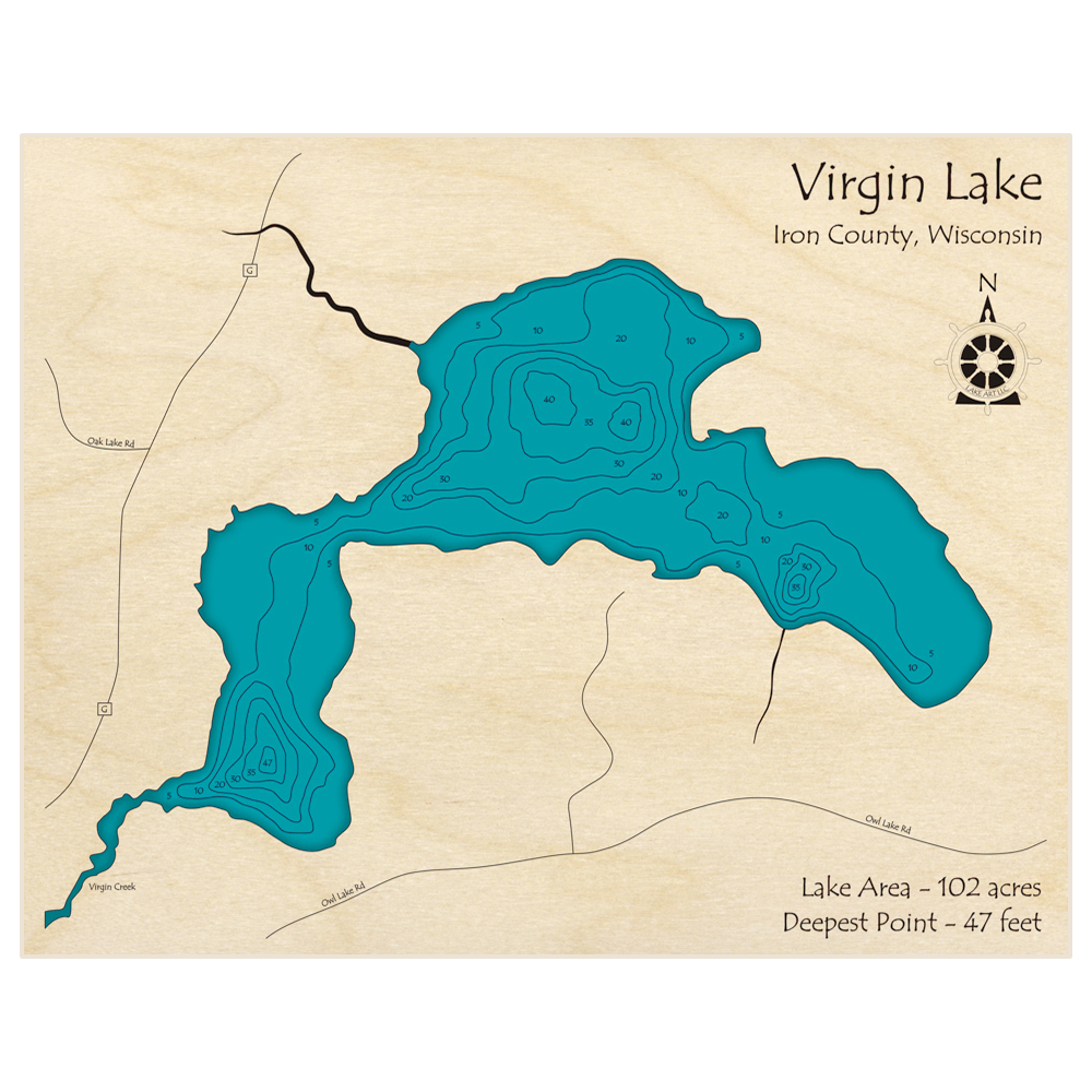 Bathymetric topo map of Virgin Lake with roads, towns and depths noted in blue water