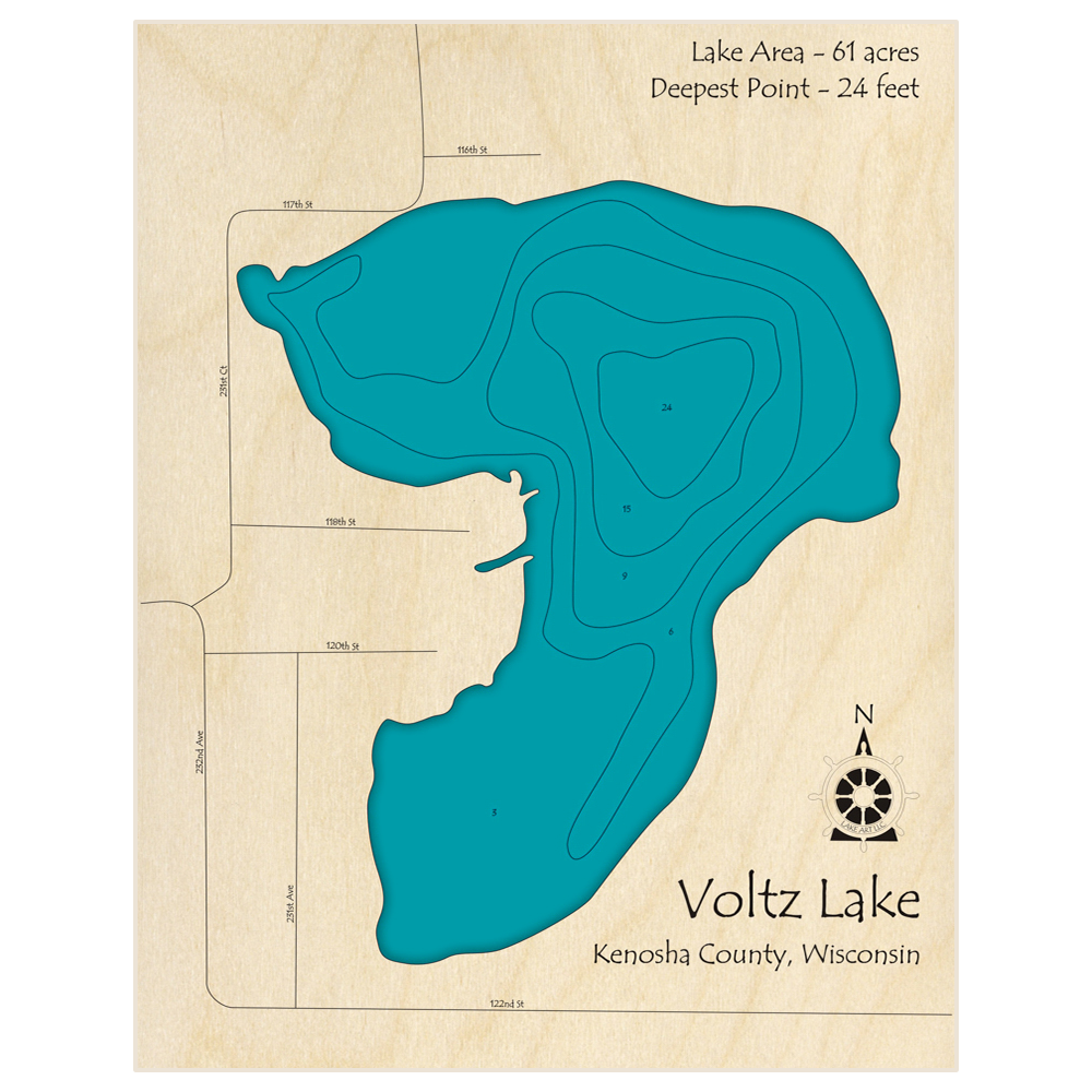 Bathymetric topo map of Voltz Lake with roads, towns and depths noted in blue water