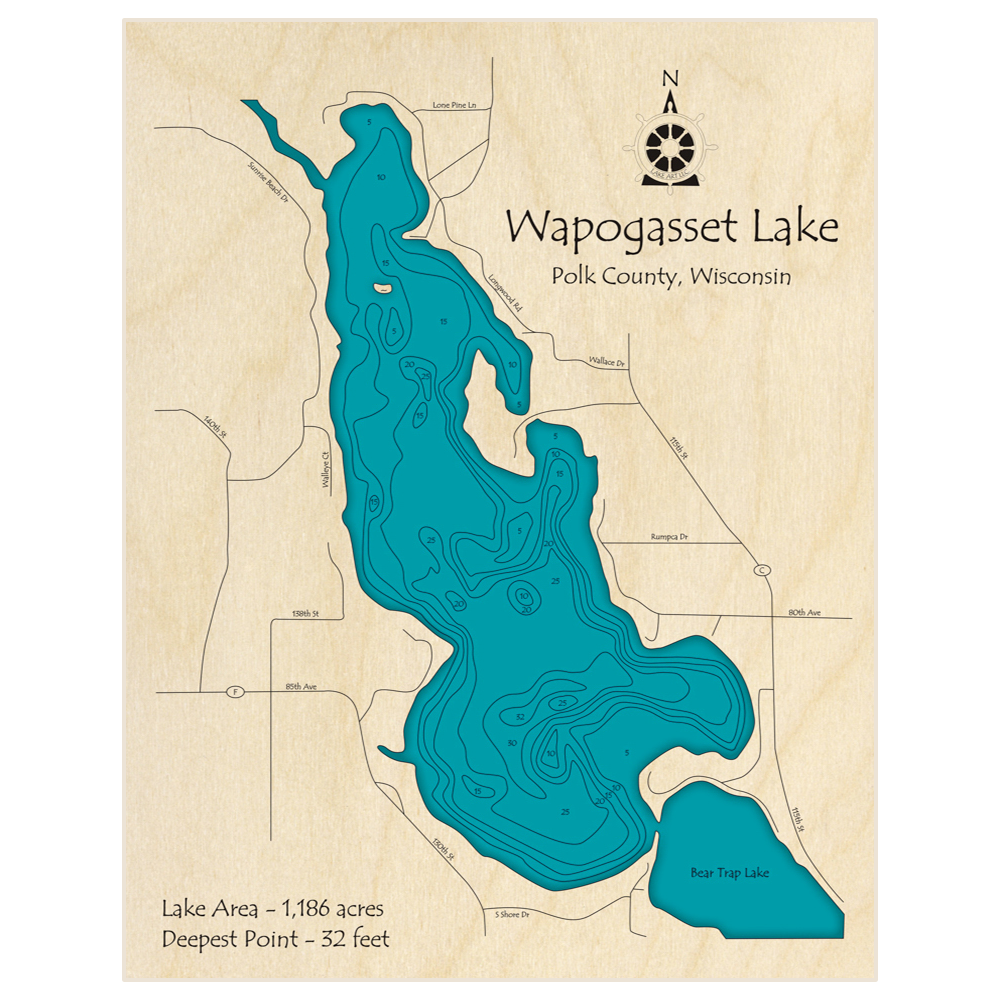 Bathymetric topo map of Wapogasset Lake with roads, towns and depths noted in blue water