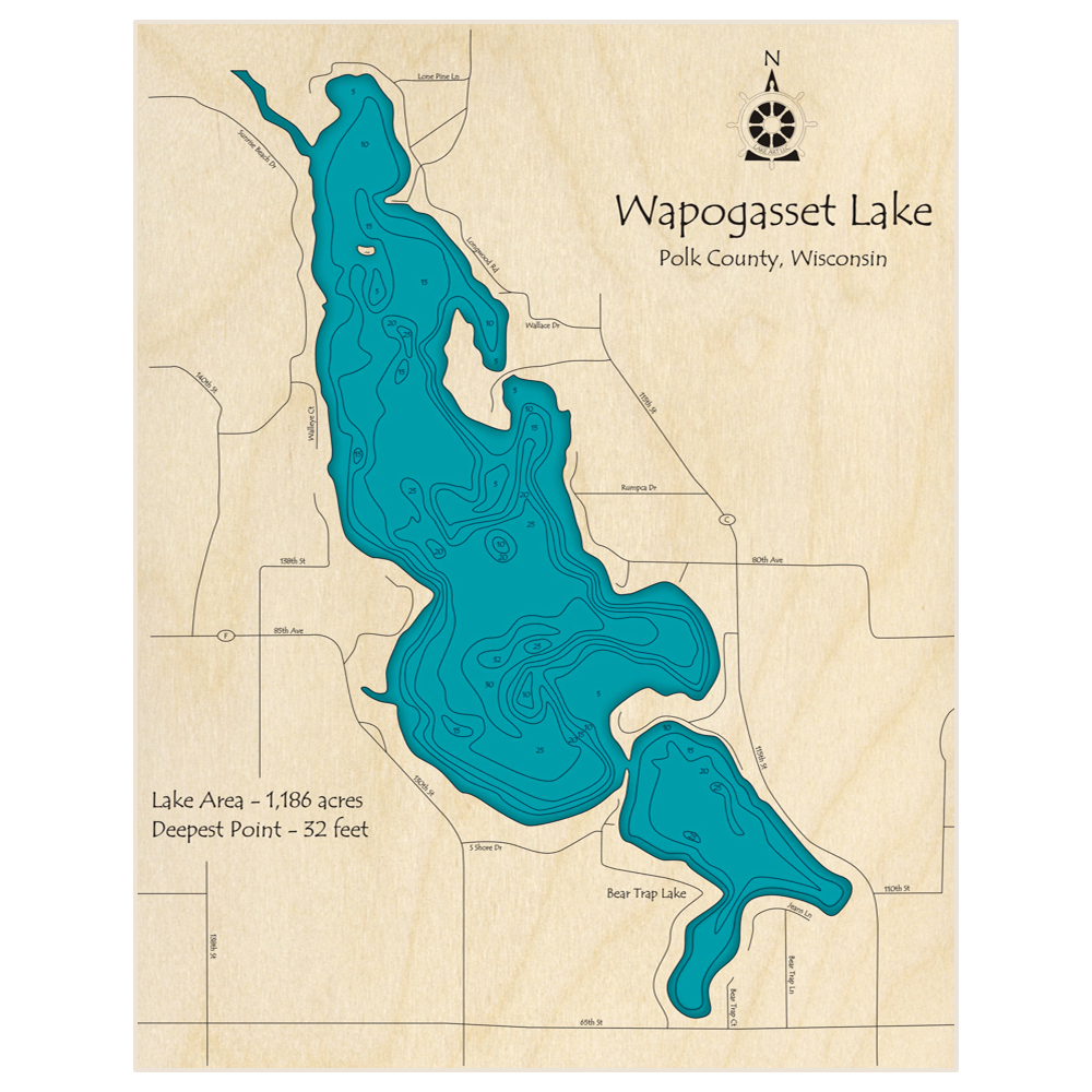 Bathymetric topo map of Wapogasset Lake with Bear Trap Lake with roads, towns and depths noted in blue water