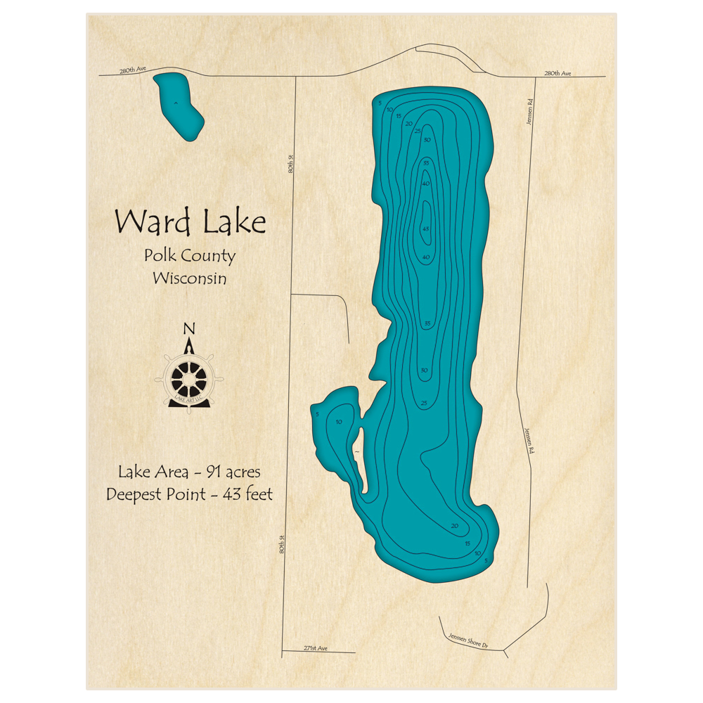 Bathymetric topo map of Ward Lake with roads, towns and depths noted in blue water