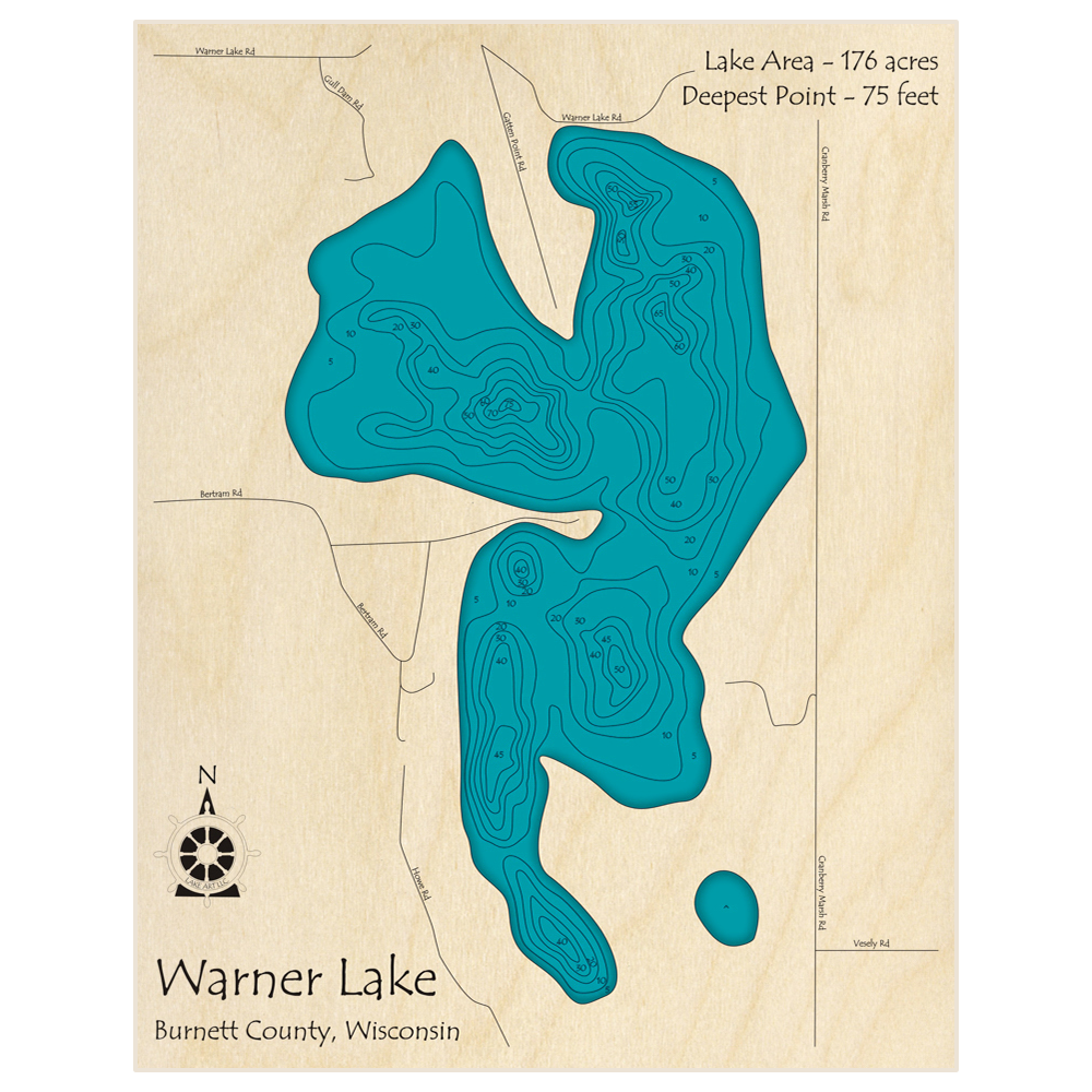 Bathymetric topo map of Warner Lake with roads, towns and depths noted in blue water