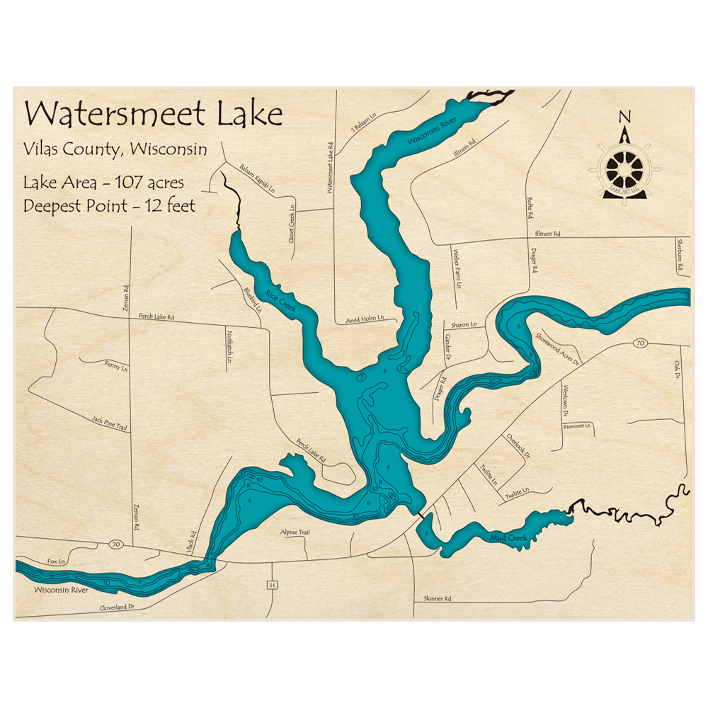 Bathymetric topo map of Watersmeet Lake with roads, towns and depths noted in blue water