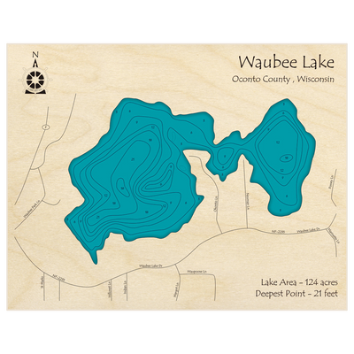 Bathymetric topo map of Waubee Lake with roads, towns and depths noted in blue water