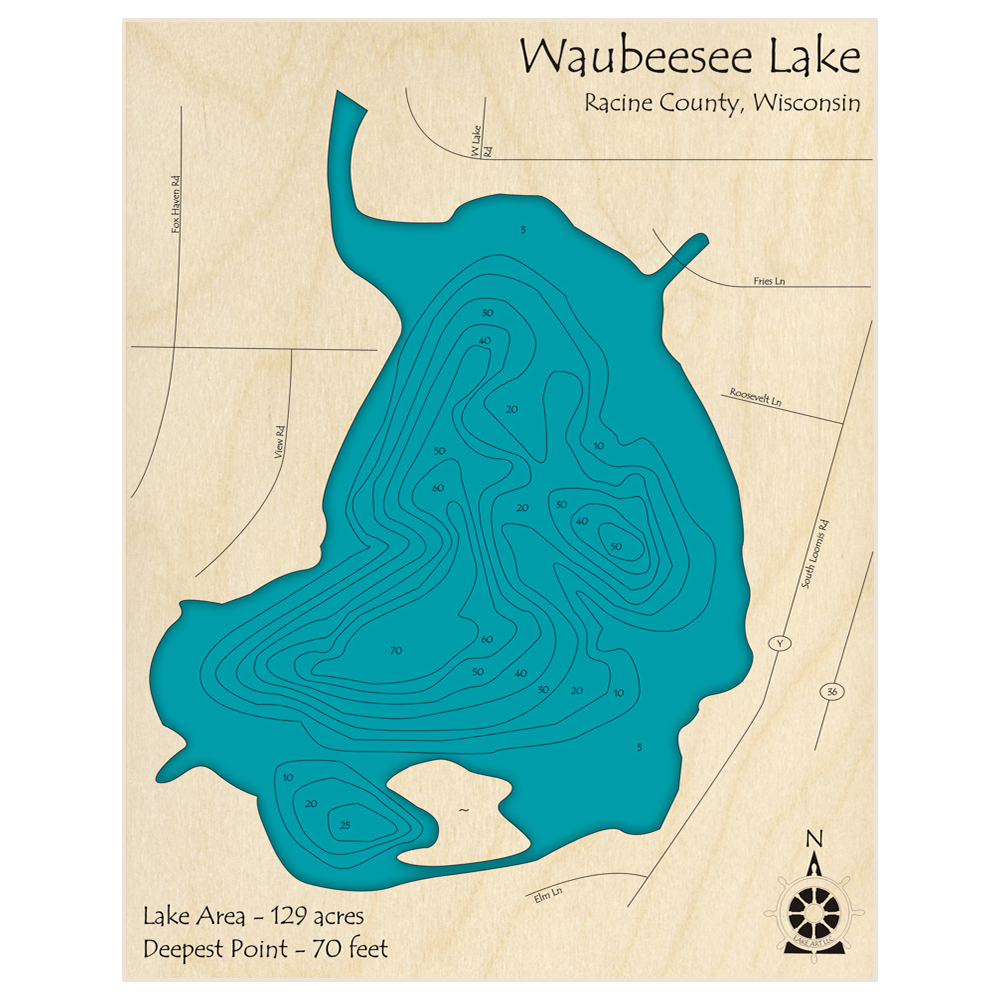 Bathymetric topo map of Waubeesee Lake with roads, towns and depths noted in blue water