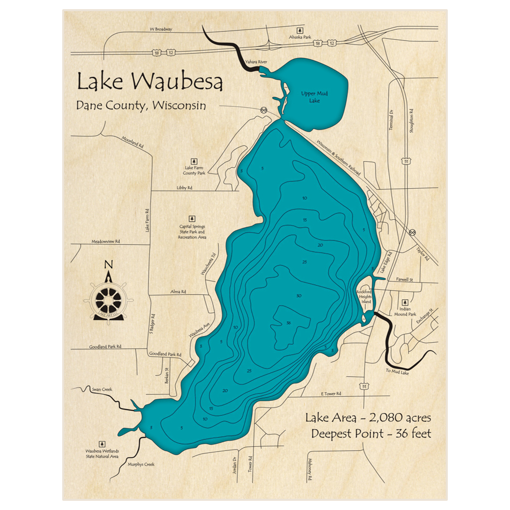 Bathymetric topo map of Lake Waubesa with roads, towns and depths noted in blue water