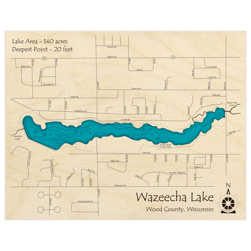 Bathymetric topo map of Wazeecha Lake with roads, towns and depths noted in blue water