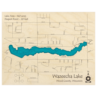 Bathymetric topo map of Wazeecha Lake with roads, towns and depths noted in blue water