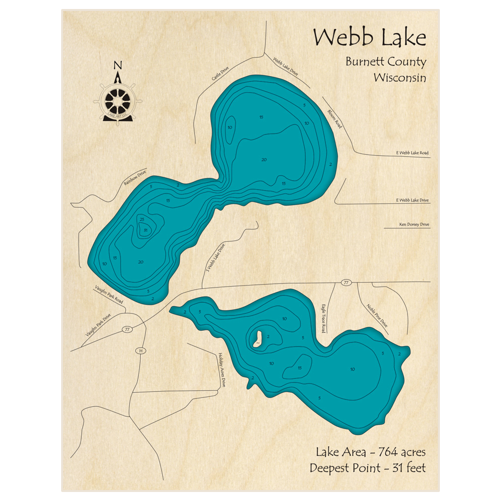 Bathymetric topo map of Webb Lake with roads, towns and depths noted in blue water