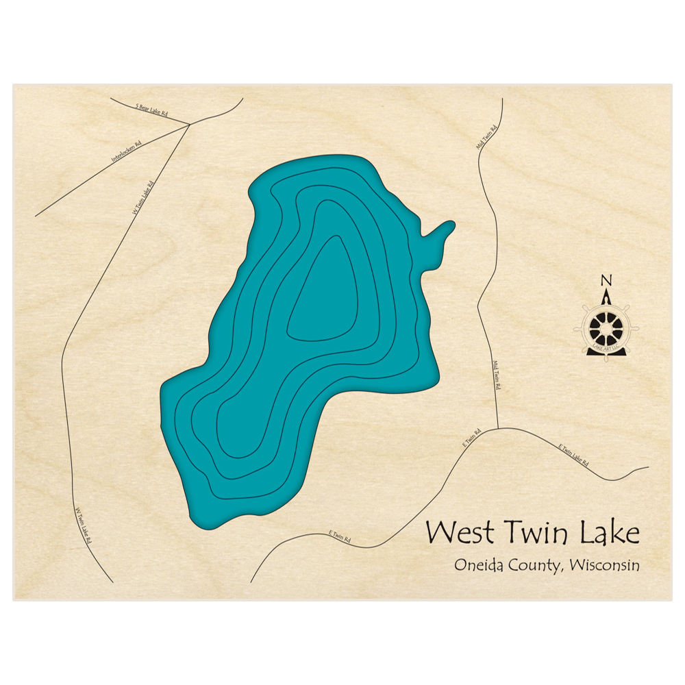 Bathymetric topo map of West Twin Lake  with roads, towns and depths noted in blue water