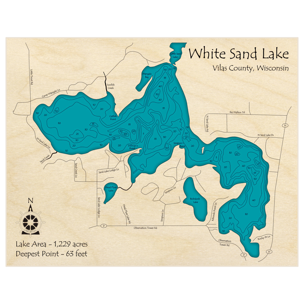 Bathymetric topo map of White Sand Lake (Township 41) with roads, towns and depths noted in blue water