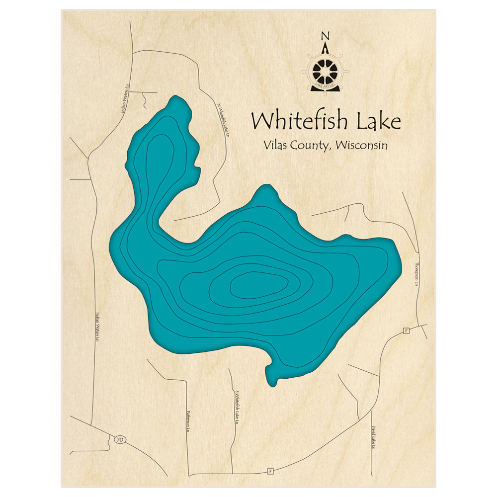 Bathymetric topo map of Whitefish Lake  with roads, towns and depths noted in blue water