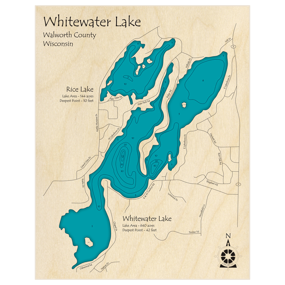 Bathymetric topo map of Whitewater Lake (With Rice Lake) with roads, towns and depths noted in blue water