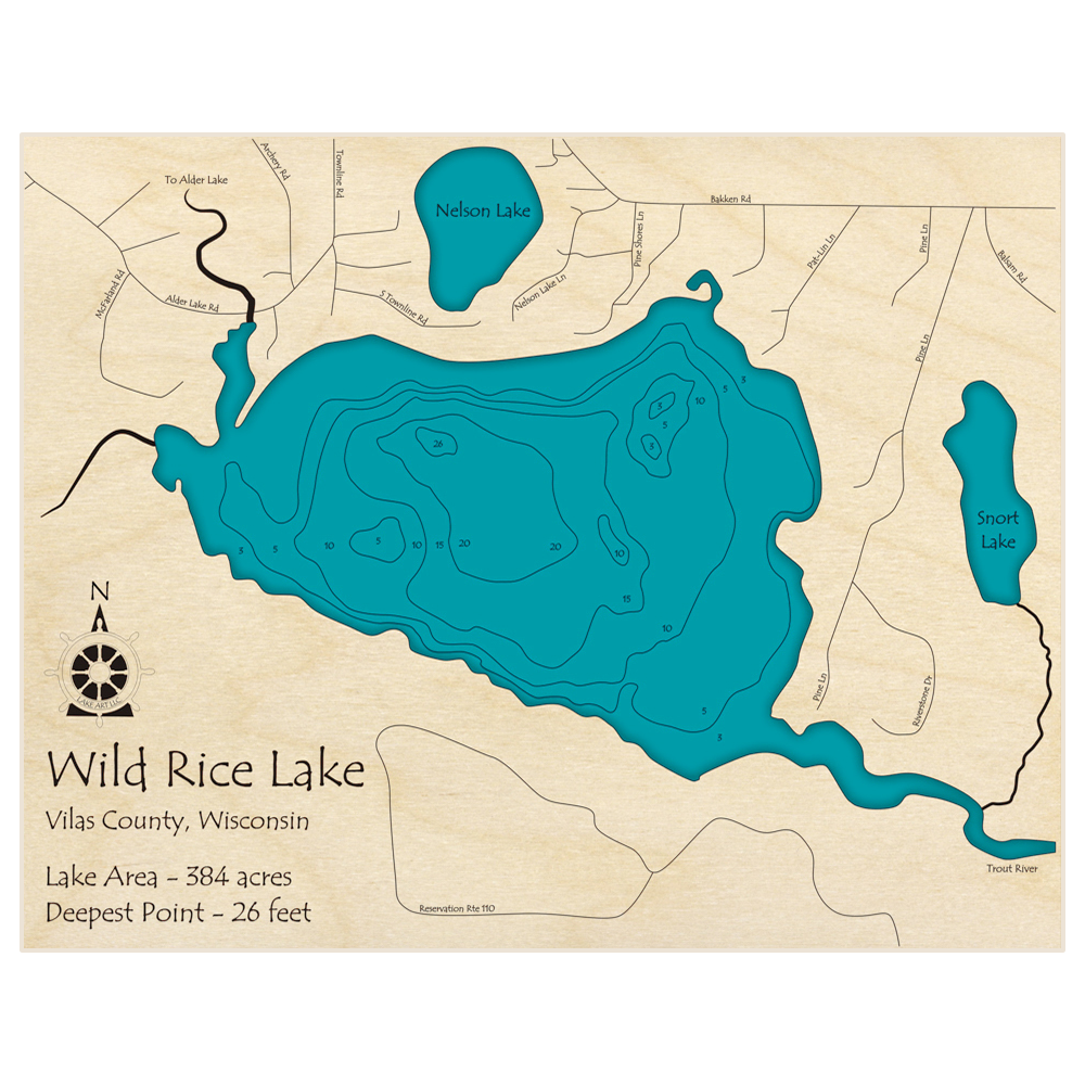 Bathymetric topo map of Wild Rice Lake with roads, towns and depths noted in blue water