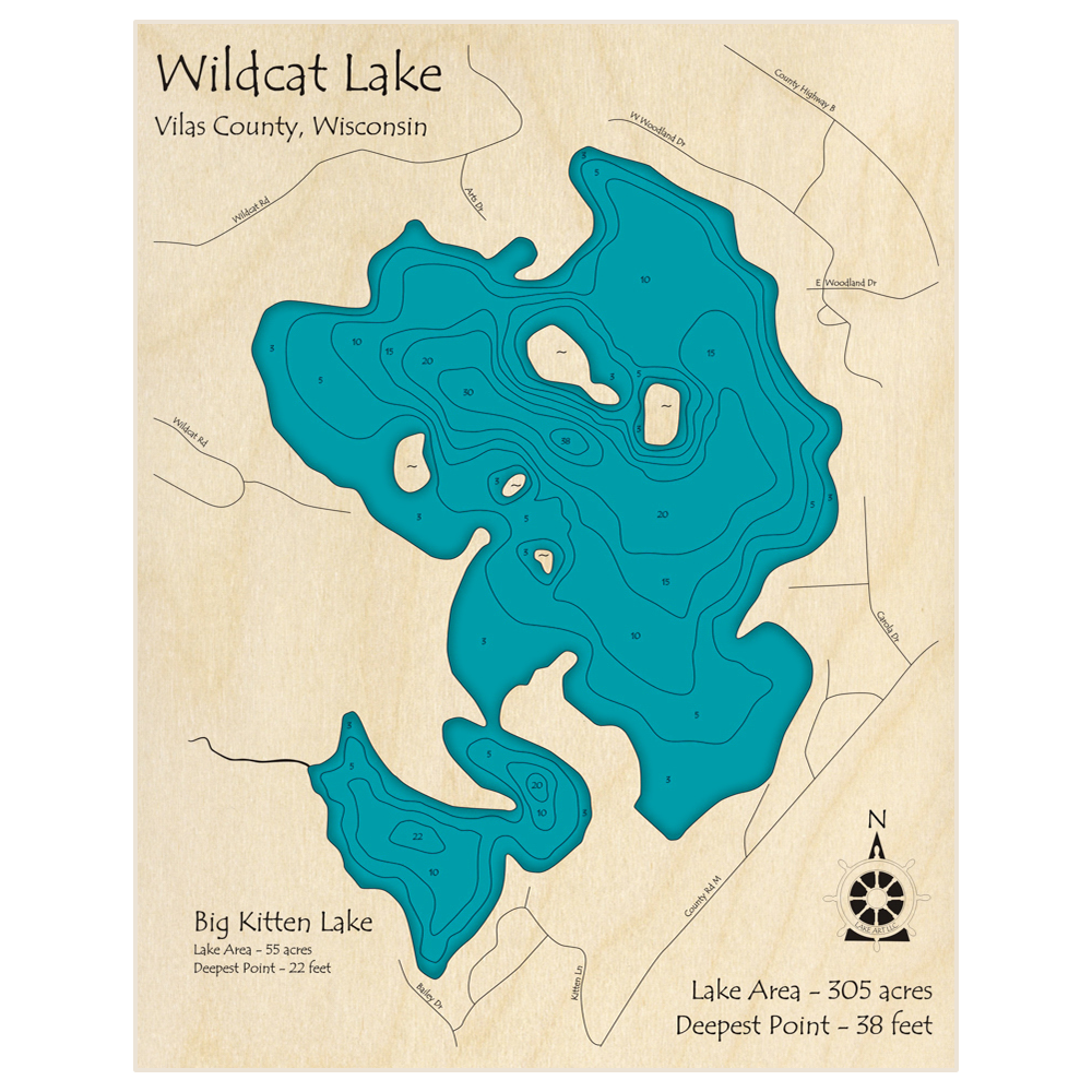 Bathymetric topo map of Wildcat Lake (With Big Kitten Lake) with roads, towns and depths noted in blue water